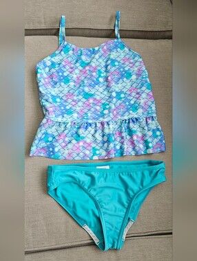 Speedo Aqua Mermaid-Scale Peplum Tankini Set GIRLS 2 Piece Swimsuit Bathing Suit